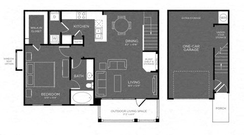 Floor plan for 1 bed, 1 bath, 862 sqft
